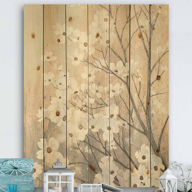 Brun sur fleurs grises - impression traditionnelle sur bois de pin naturel, H 32 po x l 24 po x P 1 po