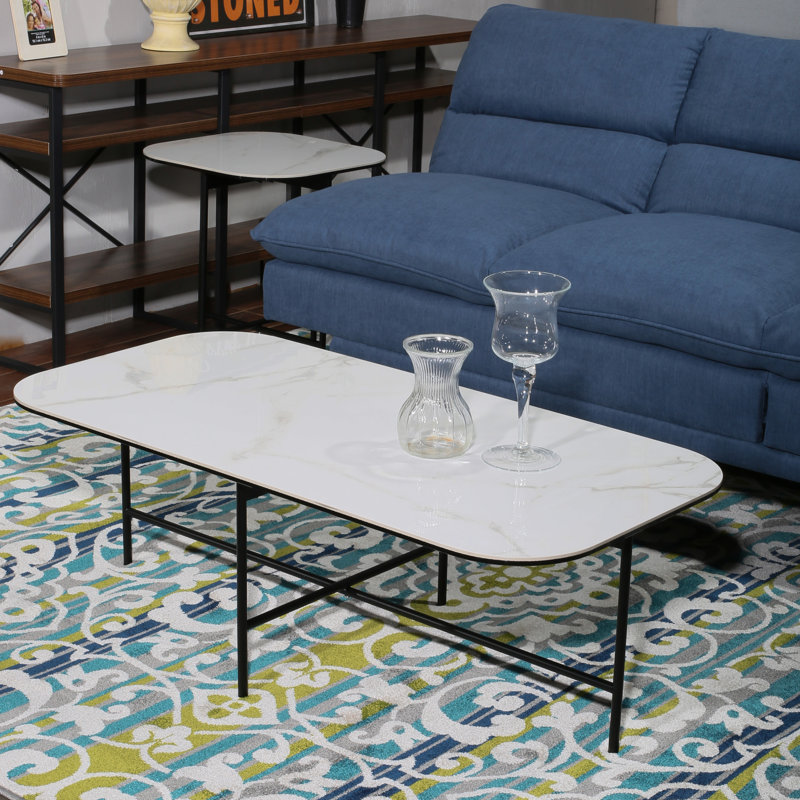 Modern Rectangular Marble-Look Ceramic Top Coffee Table with Black Metal Cross Base