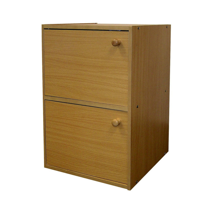 Bibliothèque en bois à 2 niveaux de 61 cm de haut avec portes, tablette de rangement en bois d'hévéa finition naturelle pour bureau ou salon