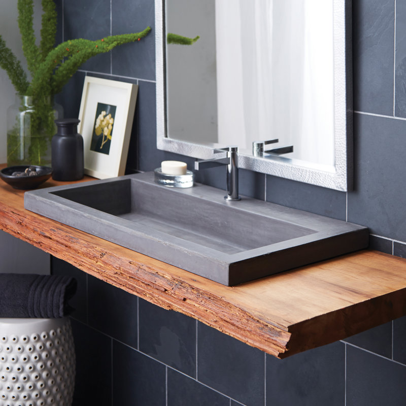 NativeStone Handcrafted Concrete 36" Trough Bathroom Sink, Slate, Single Hole Faucet