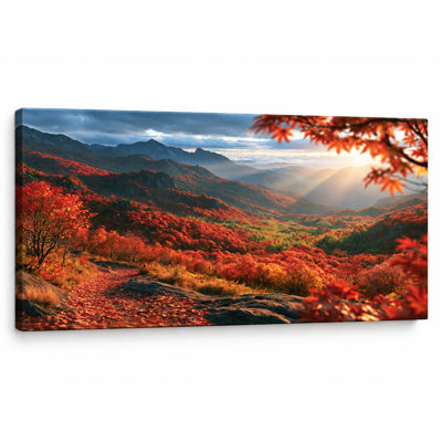 Sunlit Autumn Mountain Valley Landscape Wrapped Canvas Wall Art