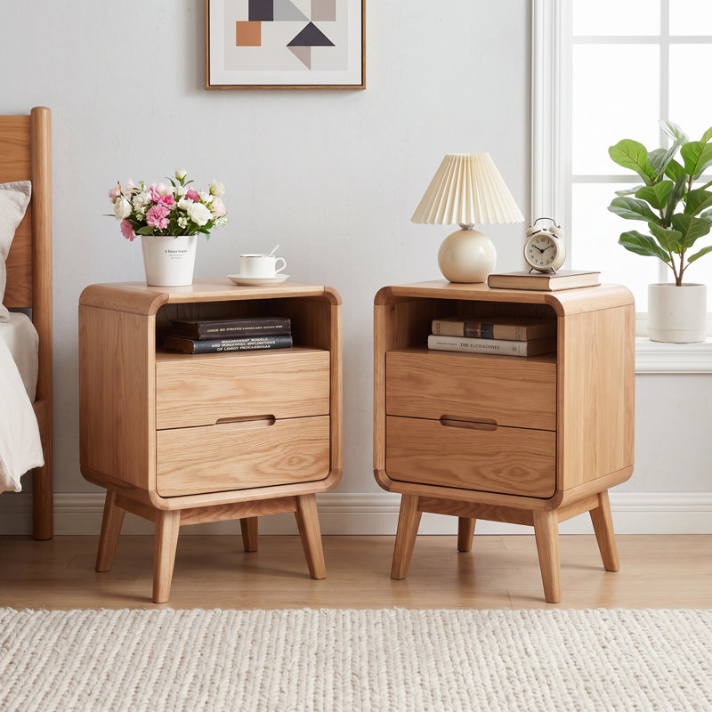 16.5"W Solid Oak Fully-assembled Nightstand with 2 Drawers, Oak, Set of 2