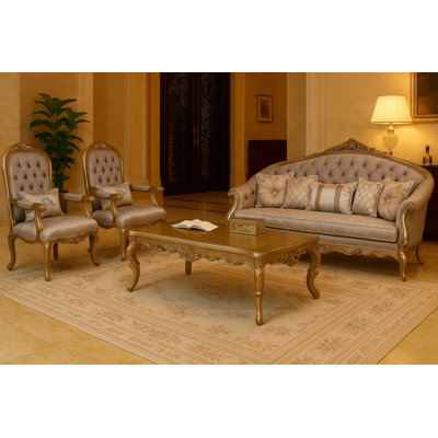Luxury 4-piece Sofa & Chair Set With Hand-carved Gold Accents
