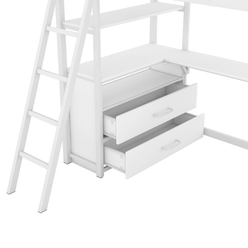 Lit mezzanine simple en métal et bois avec bureau et tablettes, deux tiroirs intégrés, blanc
