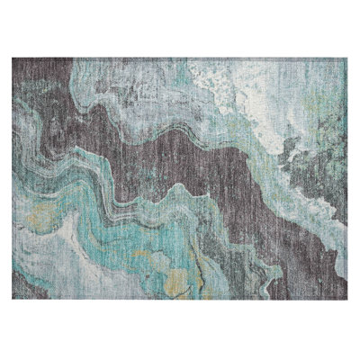 Machine Washable Indoor/Outdoor Xhevrie Teal Rug