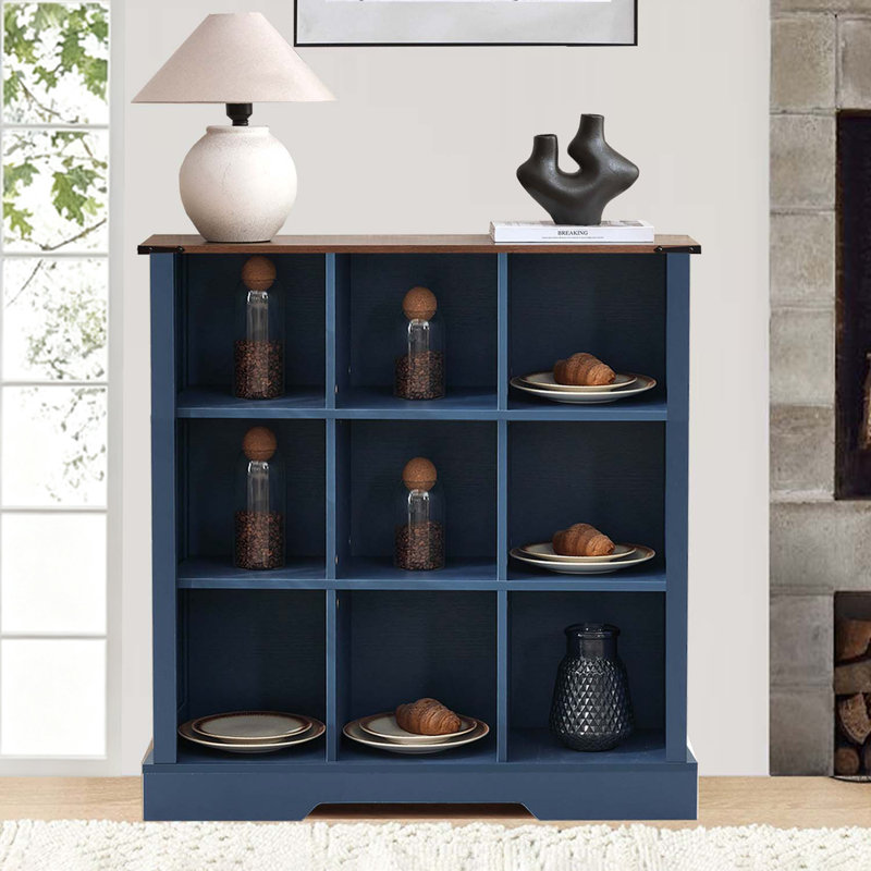 9-Cube LED Bookshelf - Mid-Century Modern Wood Storage Shelf for Bedroom, Living Room & Office, Blue