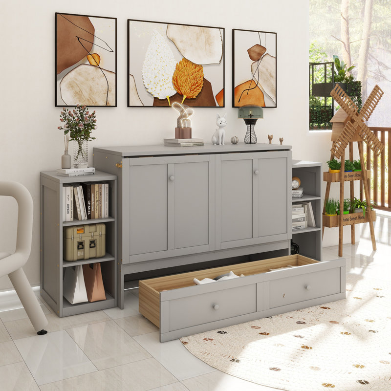 Lit escamotable double avec tiroirs et tablettes de rangement spacieux. Idéal pour les chambres d'amis ou les chambres compactes. Gris