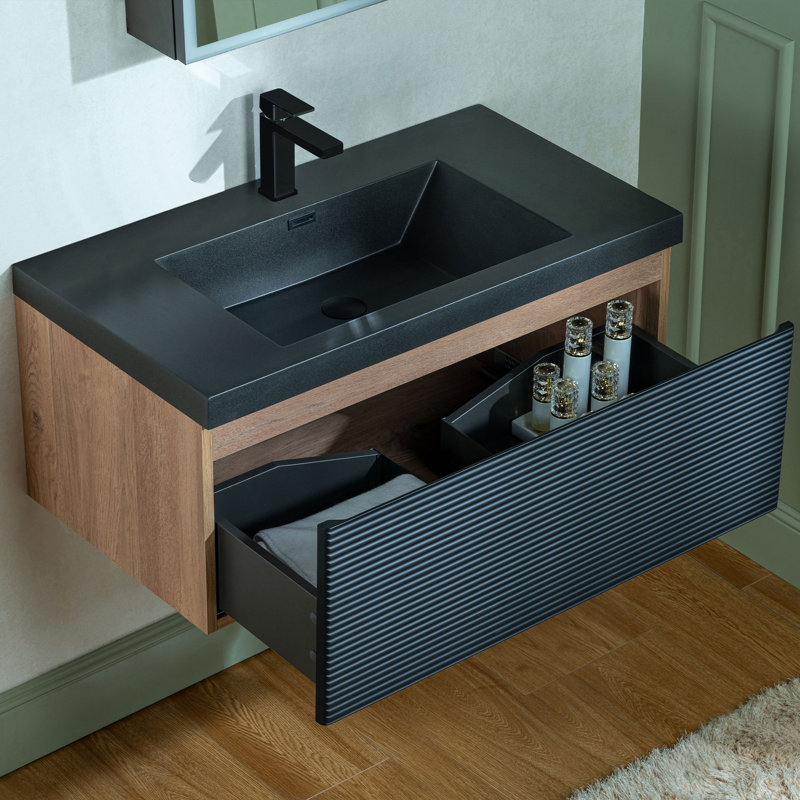 Meuble-lavabo flottant mural 36 po avec plateau en pierre frittée noire de qualité supérieure WOODBRIDGE, 36"