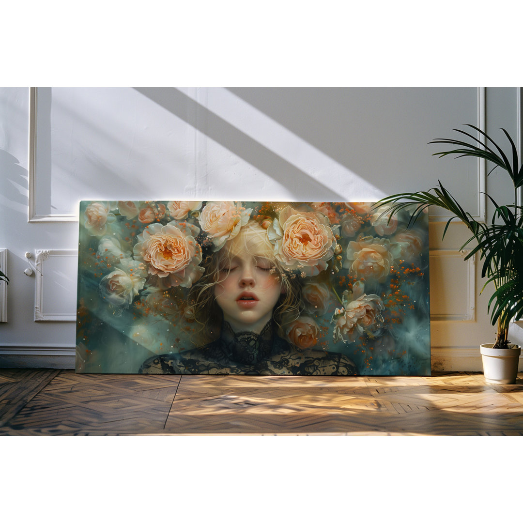 Wandbild 120x60cm Porträt einer jungen Frau Blumen Blüten Kunstwerk Schönheit