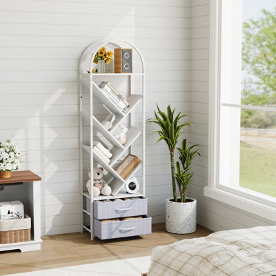 Tall 6-Tier Tree Bookshelf with 2 Fabric Drawers – Narrow Industrial Bookcase for Small Spaces – White Iron Frame & White Wood Shelves – Ideal for Bedroom, Living Room, or Home Office
