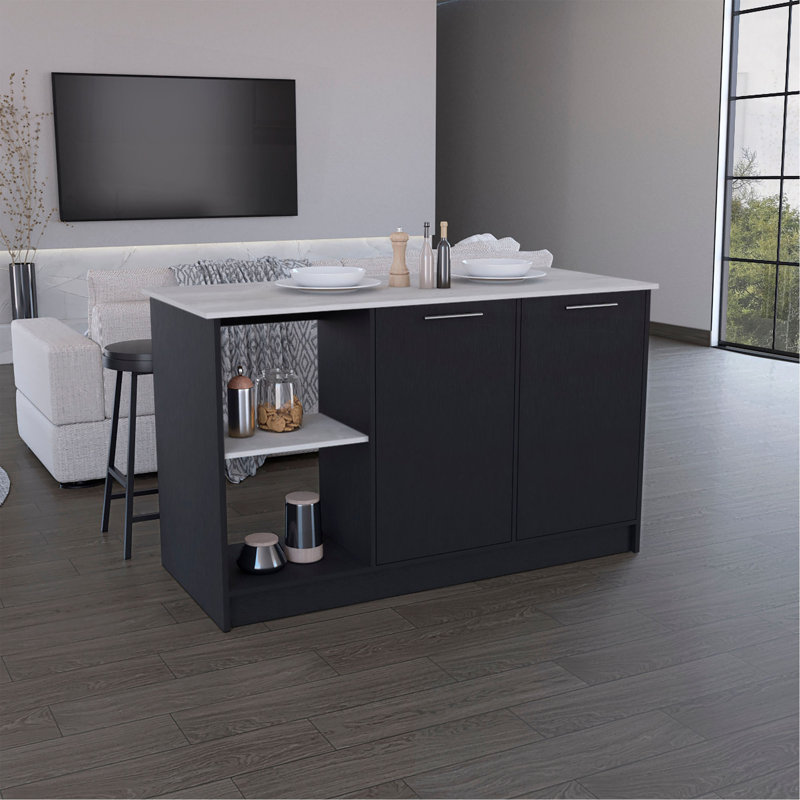 Kitchen Island With Large Countertop, Open Storage Shelves And Double Door Cabinet, 35.43" H x 59" W x  25.19" D, Black/White