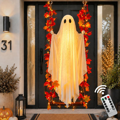 Décoration fantôme d'Halloween suspendue de 1,6 m avec balançoire de 2 m, fantôme lumineux et guirlande de feuilles d'érable, décoration intérieure et extérieure pour arbre, cour, porche et jardin.