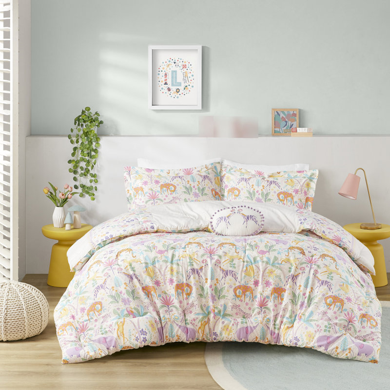 4 pièces d'édredon réversible en coton mauve / grand avec imprimé tigre et éléphant jungle - tissu lavable à la machine