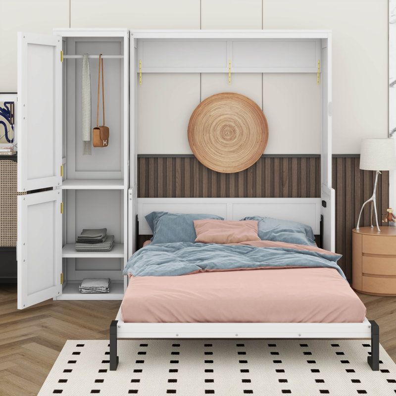 Grand lit escamotable avec garde-robe et bureau, armoire murale pliable en bois avec vérins à gaz, station de charge