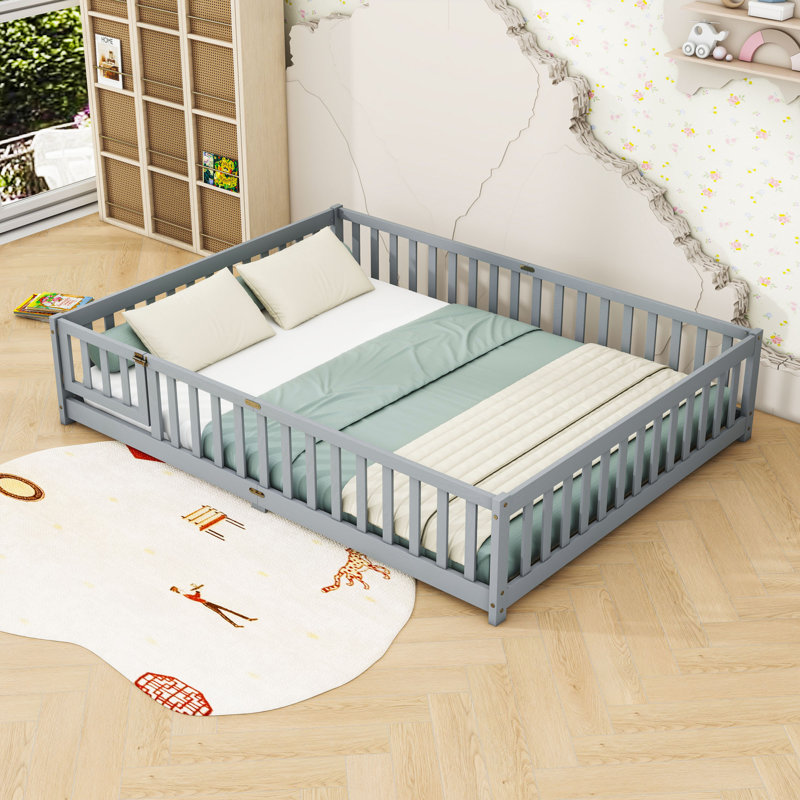 Queen Floor Bed With Safety Guardrails, Gray