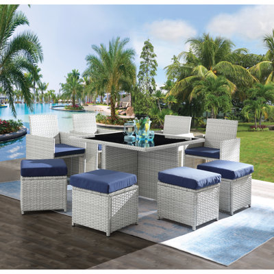 Tissu bleu bistro 9 pièces - 4 chaises, repose-pieds et table de salle à manger 9 pièces, tissu, repose-pieds