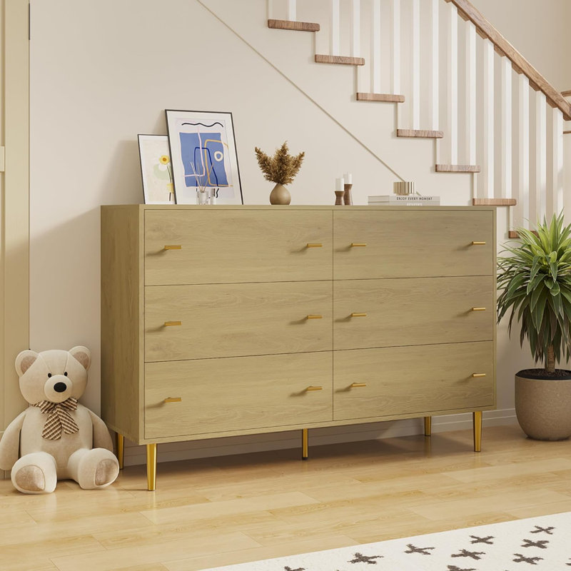 Commode 6 tiroirs en bois rustique de 47,2 po de largeur avec poignées de bar pour la chambre à coucher, le salon ou le couloir, naturel
