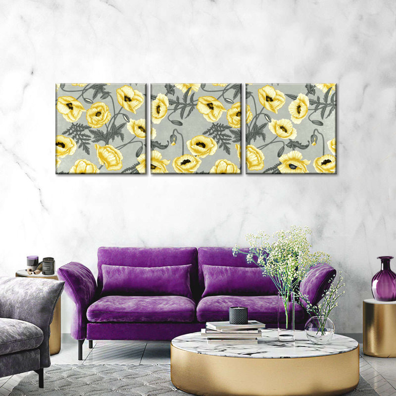 Motif de pavot jaune 3 pièces, H 8 po x l 26 po x P 1 po