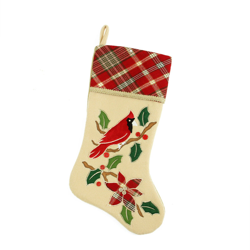 Chaussette de Noël brodée 20,5 po Cardinal ivoire et rouge