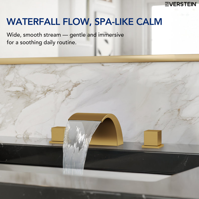 Widespread Bathroom Faucet 3 Hole, 2-handle Waterfall Sink Faucet with Drain Assembly and Overflow, Brushed Gold