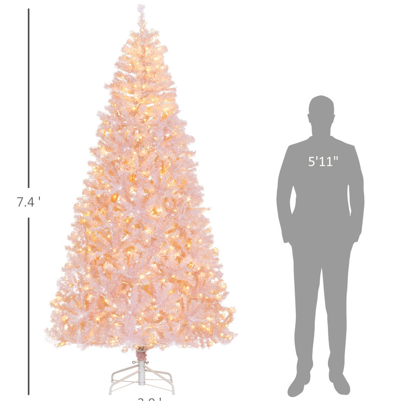 Arbre de Noël artificiel 7,5 pi, rose, 500 lumières, arbre DEL blanc chaud pliable, branches réalistes