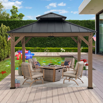 Sunjoy 11 x 11 ft. Wood Gazebo Standard Cedar Framed Gazebos with Black Double Steel Hardtop Roof for Garden, Backyard Shade