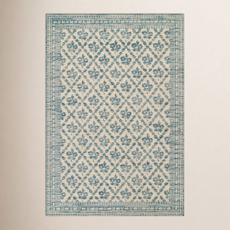 Tapis bleu traditionnel en laine et nylon Anders, Rectangle 5 pi 3 po x 7 pi 6 po