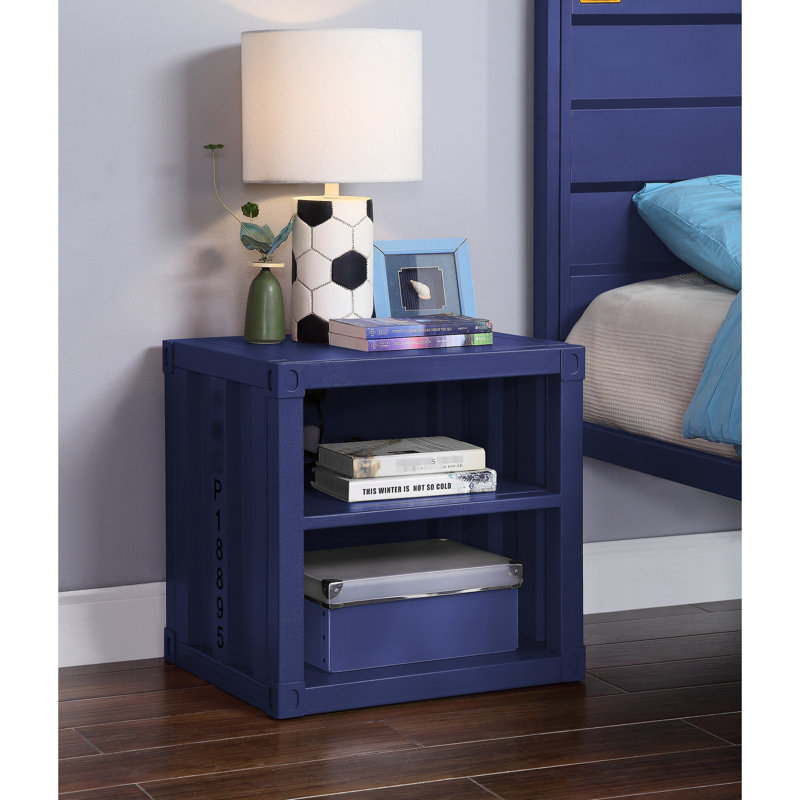 Table de chevet de conception industrielle avec chargement - bleu fret, 2 espaces de rangement ouverts, bleu métallique fort avec compartiments, construction, look moderne