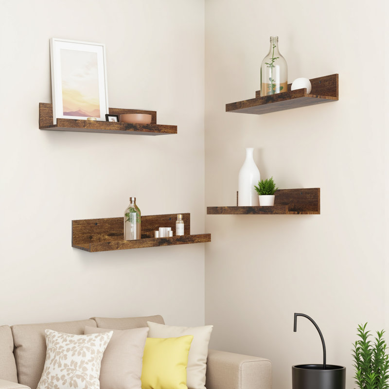 Set 4 Floating Wall Mounted Wooden Shelves, Shelves For Wall Decor, Vintage, Brown Wood