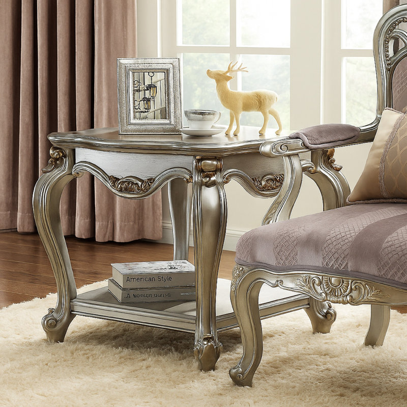 Vestavia  Side End Table, Scalloping, Polyresin Carvings and Bottom Shelf, Silver, Silver