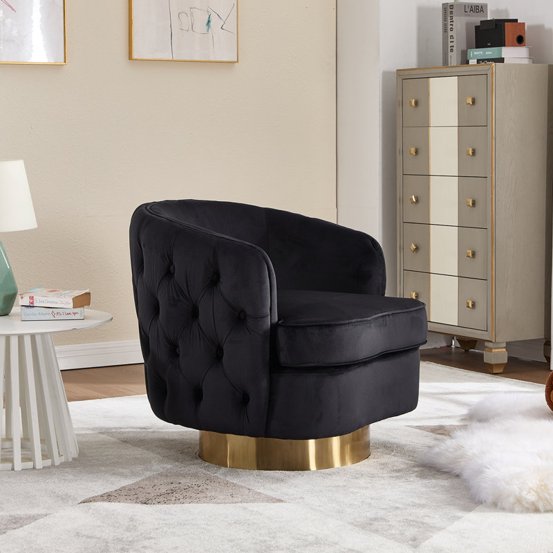 Luxury Velvet Barrel Accent Chair - 360° Swivel Round Base With Gold Finish -Tufted Back & Armrests - Oversized Statement Chair For Living Room, Lounge