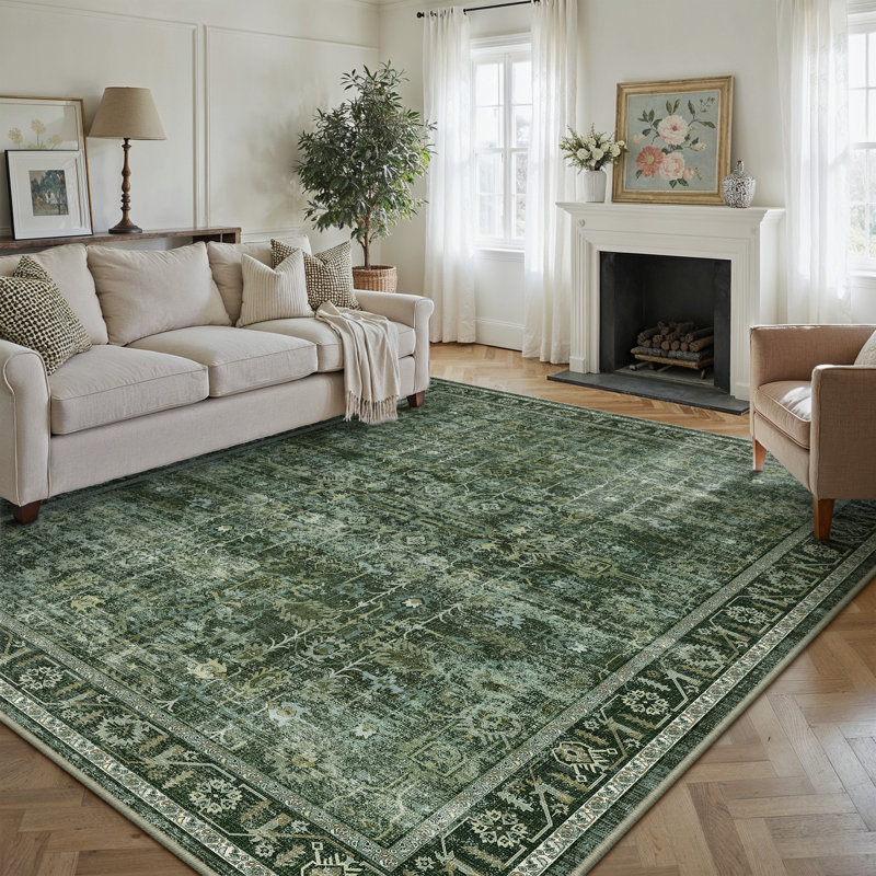 Ladonya Vintage Washable Green Area Rug with Non-Slip Backing, Rectangle 8' x 10'