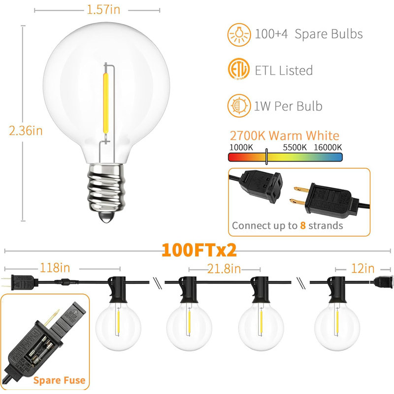 Guirlande de 50 lumières sphériques extérieures G40, 25 ampoules E12 blanc chaud 2700K remplaçables, imperméables, de qualité commerciale