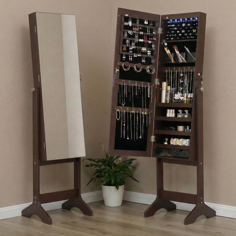 Armoire à bijoux pleine grandeur avec lumières DEL à allumage automatique, 4 miroirs à angle réglable, brun, Brun