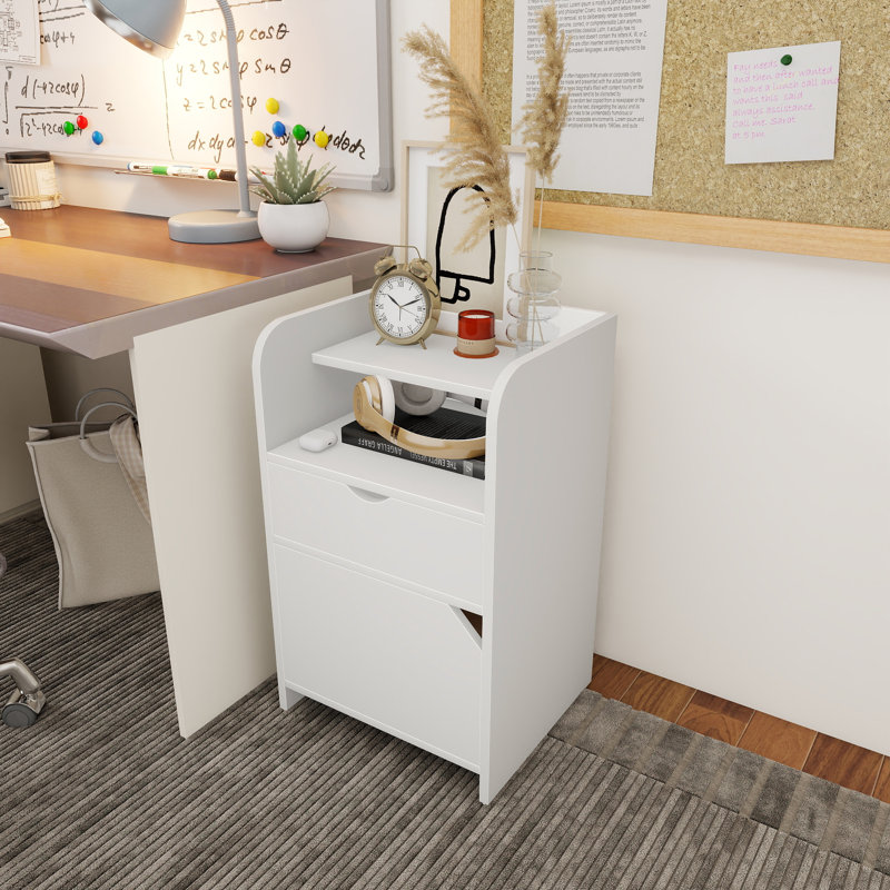Table de chevet multi-rangement avec tiroir et armoire, table d'appoint compacte avec tablettes ouvertes pour la chambre à coucher, table de chevet fonctionnelle