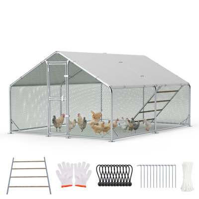 9.8' W x 13.1' D Walk-In Metal Chicken Run, Outdoor Chicken Coop with Peaked Roof, Dual Doors, Waterproof Cover & Roosting Ladder