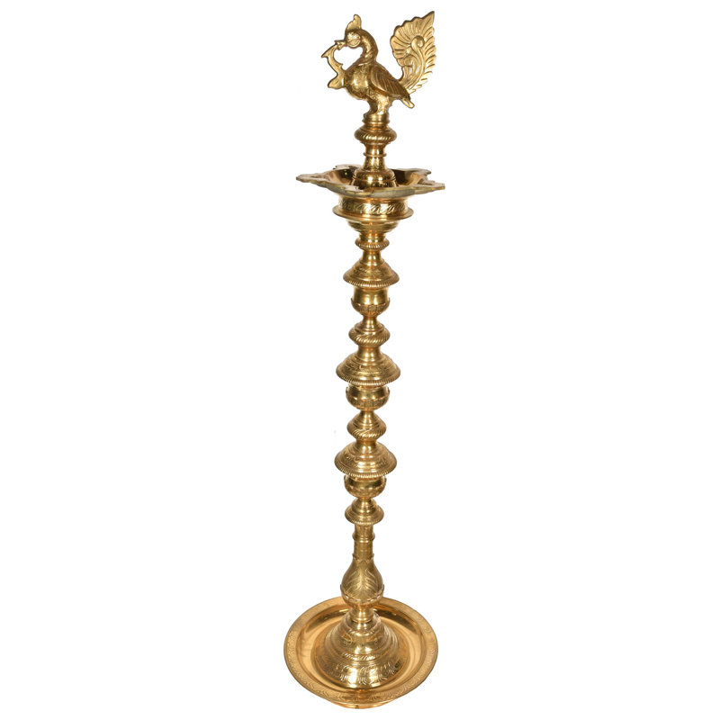 Grande lampe à huile en forme de paon en laiton fait à la main de 56 po - rituel traditionnel indien Nila Vilakku pour Temple Puja, jardin ou décoration intérieure