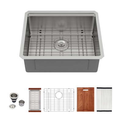 23'' L X 19'' W Undermount Stainless Steel Kitchen Sink, Workstaton Single Bowl Kitchen Sink with Sink Grid, Strainer, Drying Rack, Colander and Cutting Board