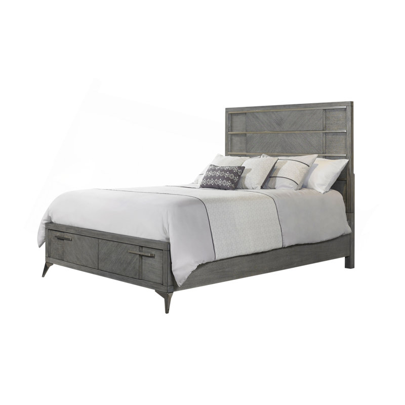 Lit de rangement gris avec placage assorti, Grand lit