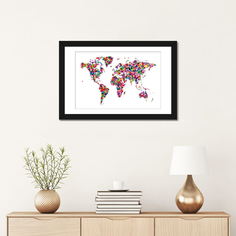 « papillons world map », impression sur toile, H 16 po x l 24 po x P 1 po, Papier avec cadre noir, Blanc