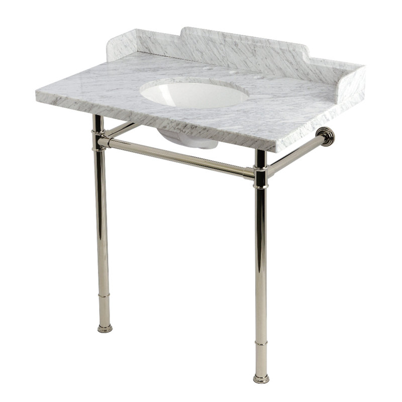 Kingston Brass Wesselman 36-Inch Carrara Marble Console Sink with Stainless Steel Legs (8-Inch, 3-Hole), Polished Nickel