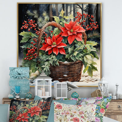 «Winter Poinsettias Basket 1 I» - Art mural poinsettias