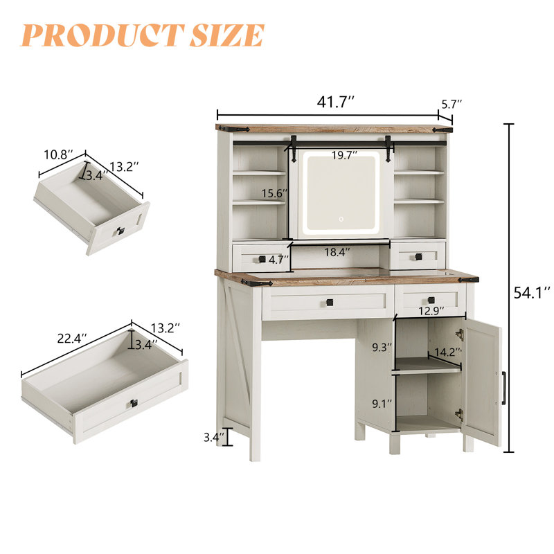 Farmhouse Makeup Vanity Desk with Sliding Mirror, White