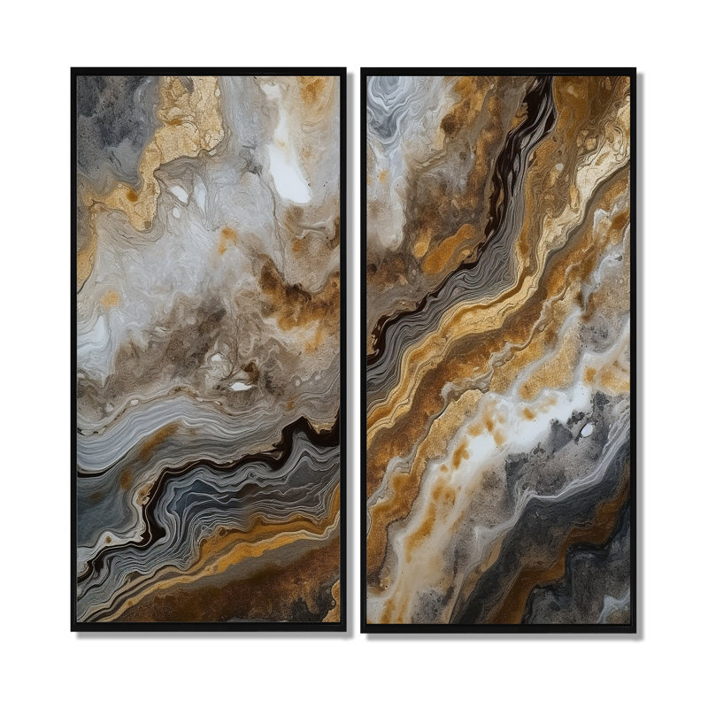 Or et gris, effet de marbre I - art mural abstrait en marbre, H 40 po x l 40 po, Impression encadrée flottante, Noir