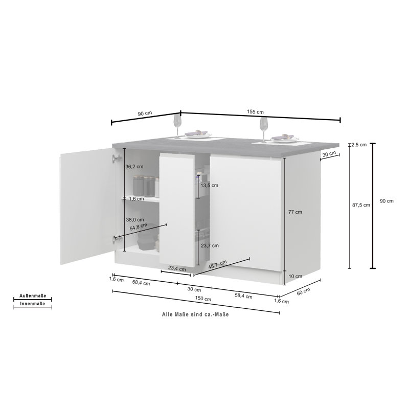 Rafie Wood Kitchen Island, Oak Wood, Grey