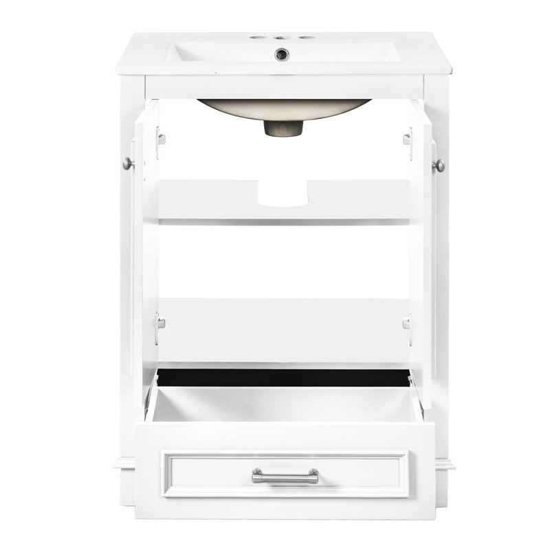 Armoire de salle de bain 24 po avec lavabo en céramique, lignes élégantes, construction, lavabo de tiroir fonctionnel, style moderne, céramique, espace réglable