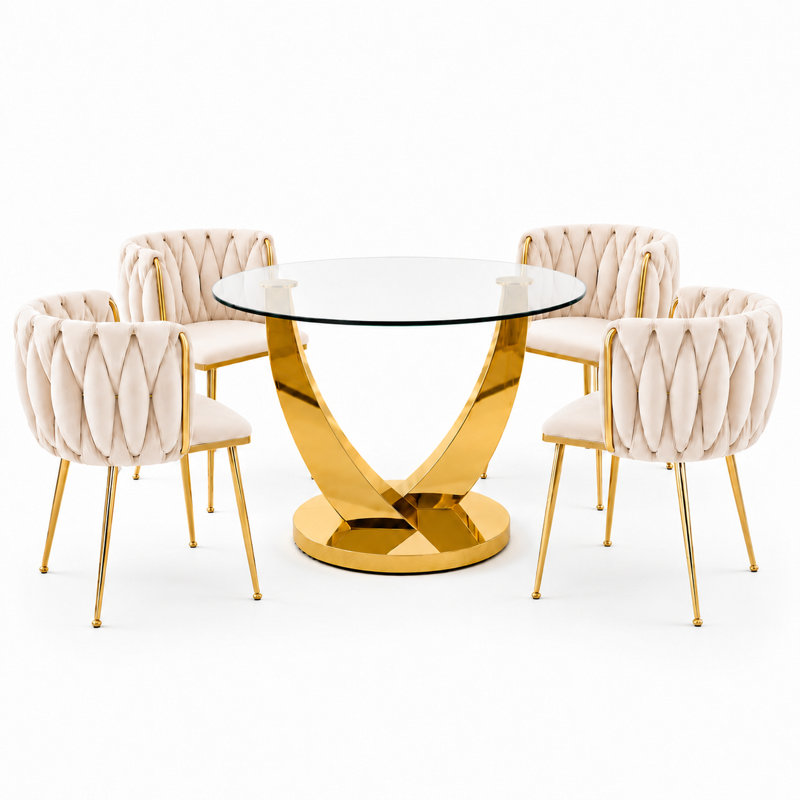 38.9" Round Glass Dining Table Set for 4, Modern Dining Table with 4 Velvet Chairs, 5 Pieces Kitchen Set, Beige, Gold