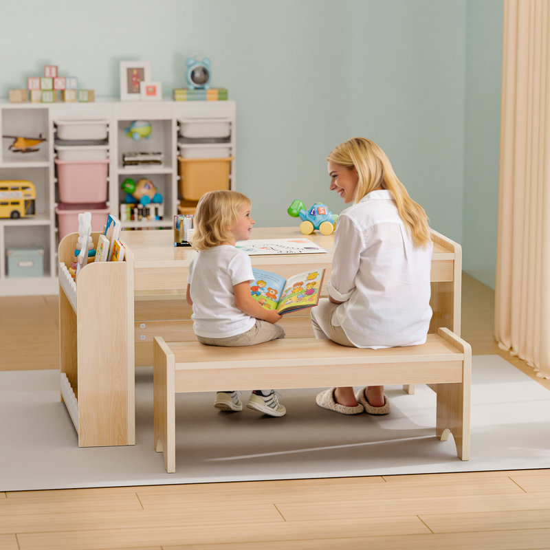 Kids Table And Chairs Set, Kids Table And Bench Set, Wooden Activity Table, Indoor Kid Craft Tables With Storage, Toddler Desk For Home, Classroom