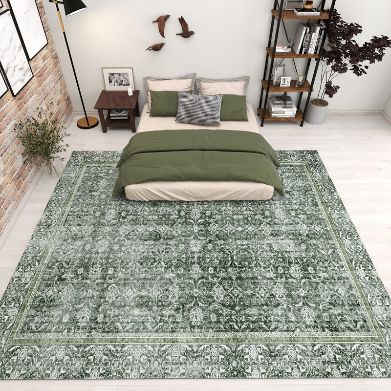 8x10 ft Dark Green Floral Area Rugs for Living Room, Washable Printed Vintage Floral Rug for Living Room, Extra Large Area Rugs for Bedroom Low Pile Non Slip Rug for Home Decor Aesthetic