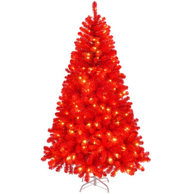 1 arbre de Noël artificiel illuminé rouge 7 pi | 1100 extrémités de branches, 400 DEL (blanc chaud / froid, 10 modes + gradation continue) |  Base en fer robuste de 17,7 po | Largeur de 45,7 po, idéal pour la maison / le bureau / les fêtes, décoration de Noël éclairée